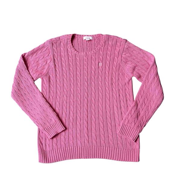 A | Line Anne Klein Sport Cable Knit Sweater XL Pink Crew Neck Pullover Preppy - Picture 1 of 5